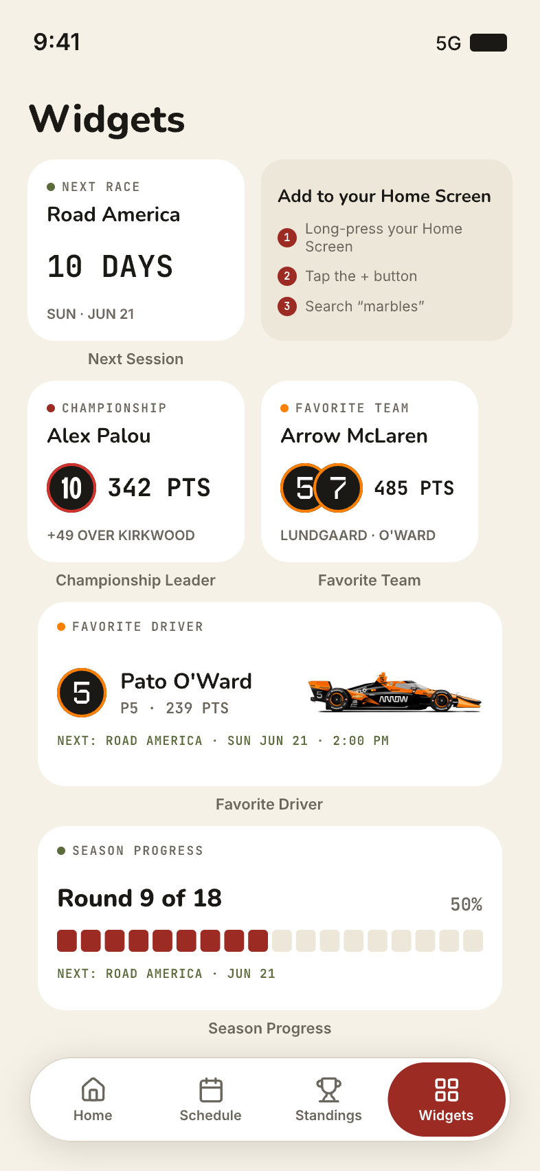 The Marbles widgets gallery, showing home-screen widgets for the next session, championship leader, favorite team, favorite driver, and season progress.